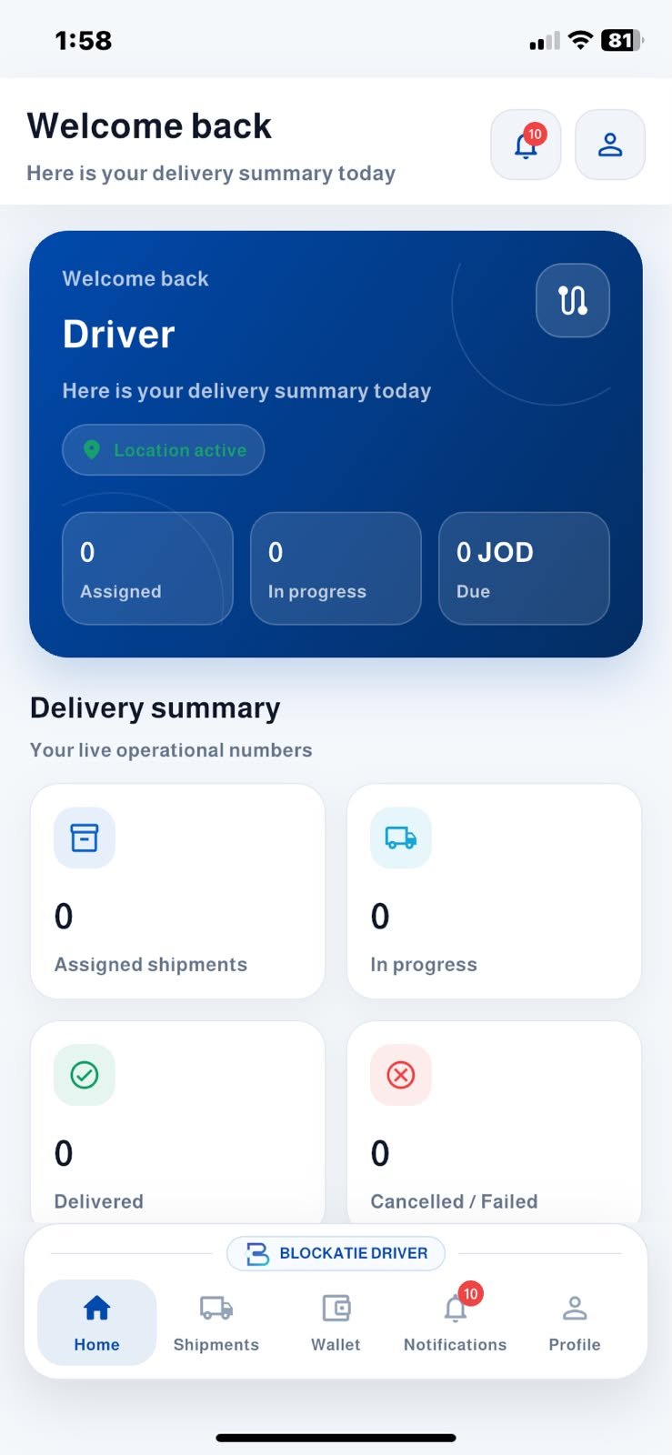 Blockatie Driver App operations home