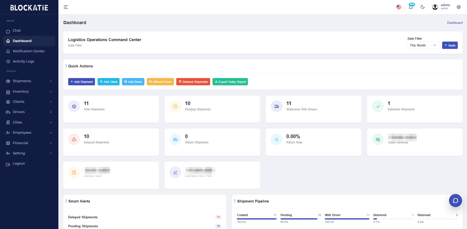 Blockatie Logistics operations dashboard
