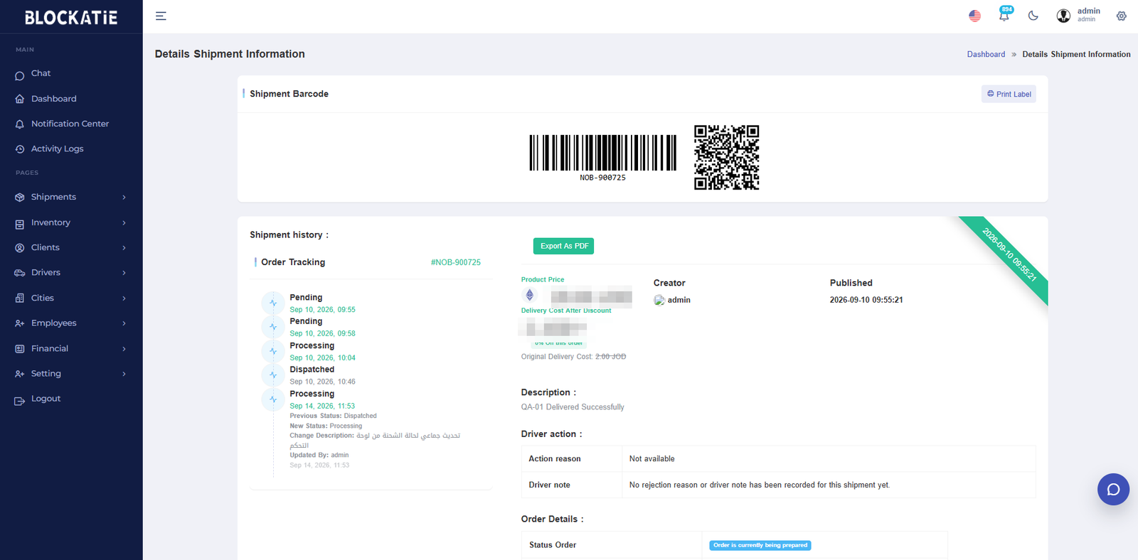 Blockatie Logistics shipment lifecycle details